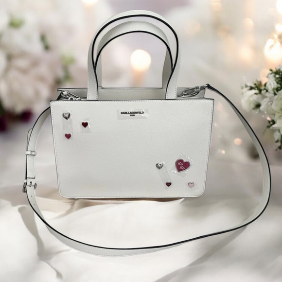 Karl Lagerfeld White & Pink Embellished Satchel Crossbody with Heart Details 🩷 - Picture 16 of 17